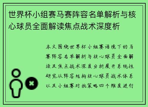 世界杯小组赛马赛阵容名单解析与核心球员全面解读焦点战术深度析