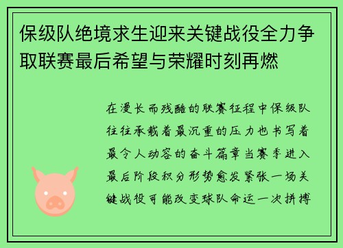 保级队绝境求生迎来关键战役全力争取联赛最后希望与荣耀时刻再燃 保级队绝境求生迎来关键战役全力争取联赛最后希望与荣耀时刻再燃